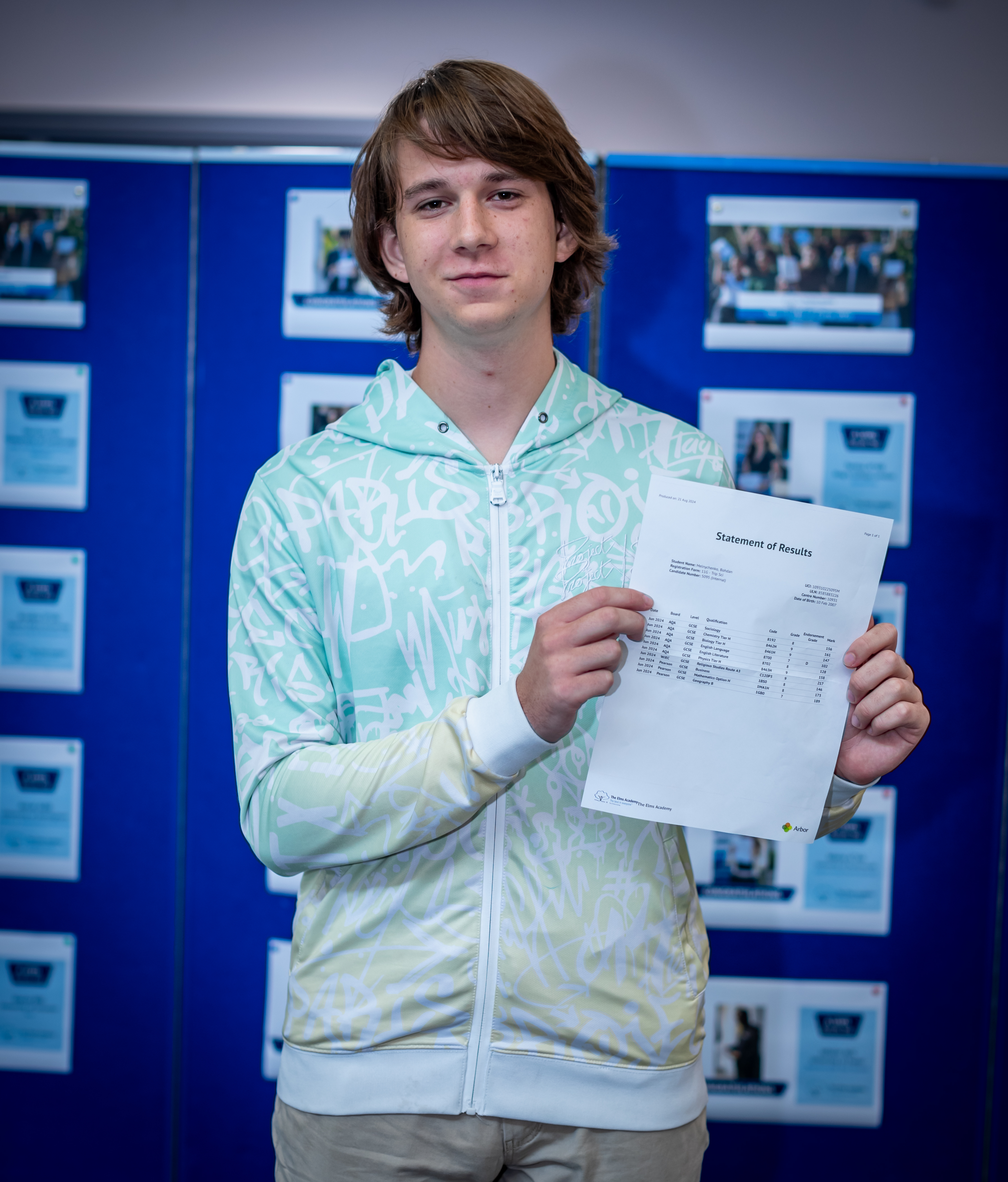 Bohdan four grade 9s and four grade 8s in his GCSE Results at The Elms Academy